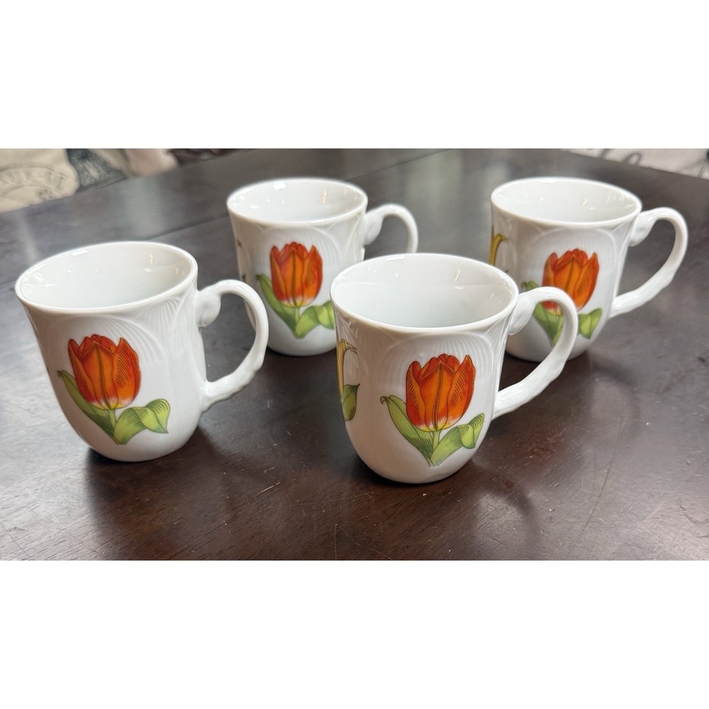Set of 4 SHAFFORD 1979 TULIP TIME Mug Vintage Rare Find Stem & Bud Shape Handle